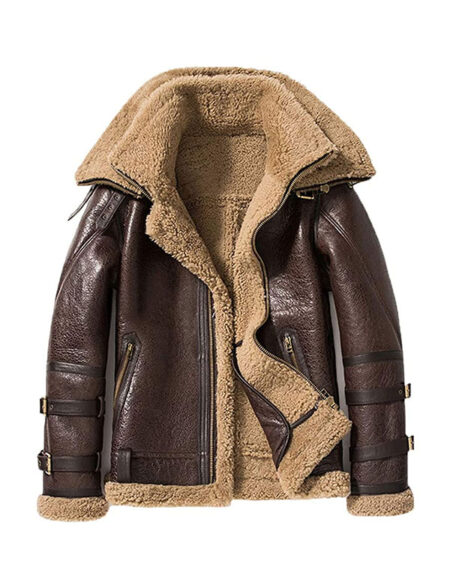 Mens Brown Shearling Jacket Short Sheepskin Coat Double Collar Fur Jacket Mens Leather Jacket
