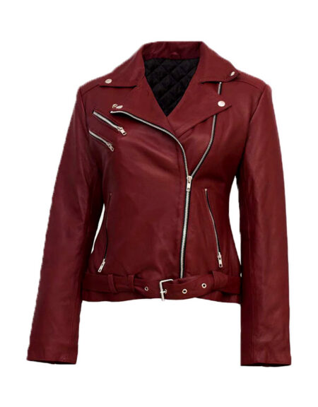maroon biker jacket for women