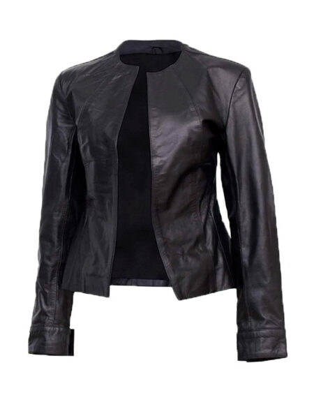 timeless black collarless leather jacket for women