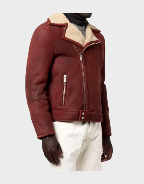 aviator burgundy sheepskin shearling leather jacket