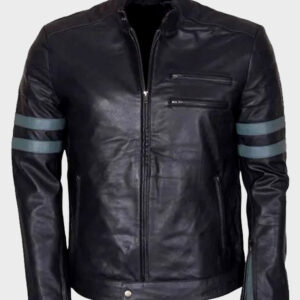 blue stripe retro black biker jacket