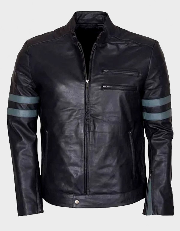 blue stripe retro black biker jacket