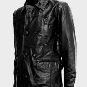 black leather reefer coat