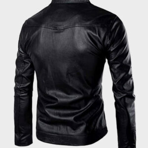 mens high collar black leather jacket