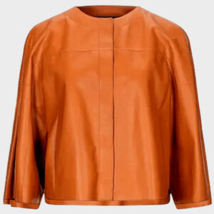 womens brown tan collarless leather jacket