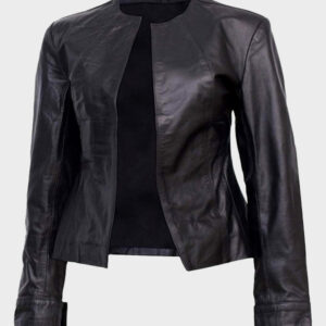 womens collarless leather jacket