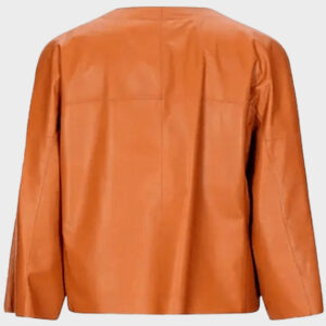 women’s tan collarless leather biker style jacket