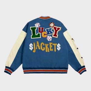 Poker Lucky Baseball Wool Blue Varsity Jacket For Sale