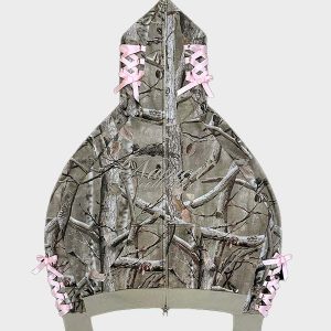 Named Collective Forbidden Zip Camo Hoodie With Pink Bows